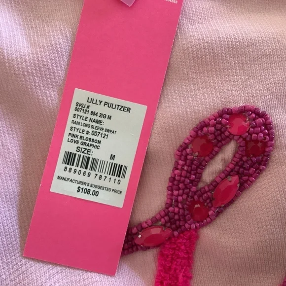 Lilly Pulitzer Cotton Rami Sweatshirt Pink Blossom 💕Love Graphic Embroidered M - Picture 9 of 14